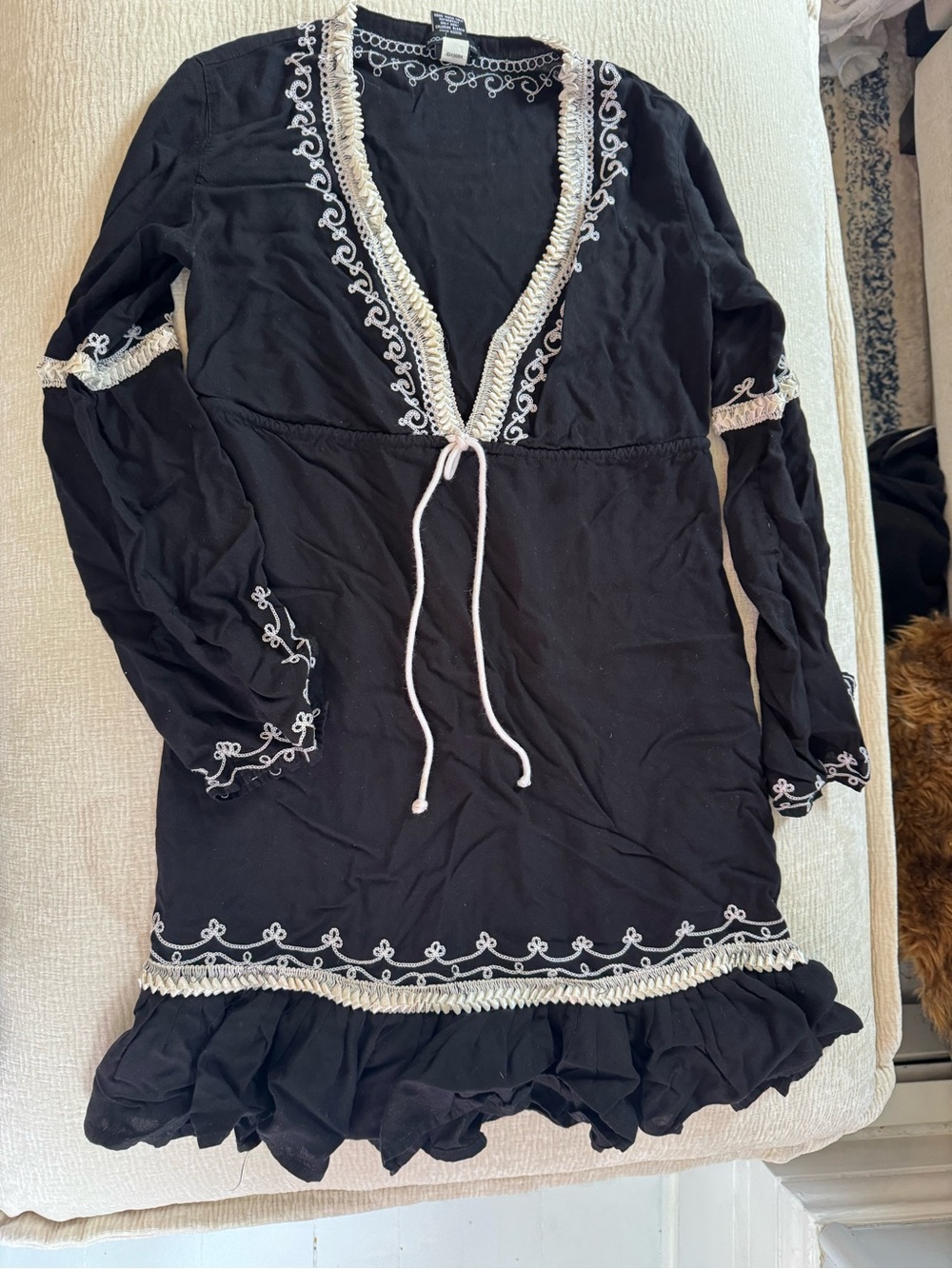 Moda International Black Long Sleeve V-Neck Dress with White Embroidered Trim
